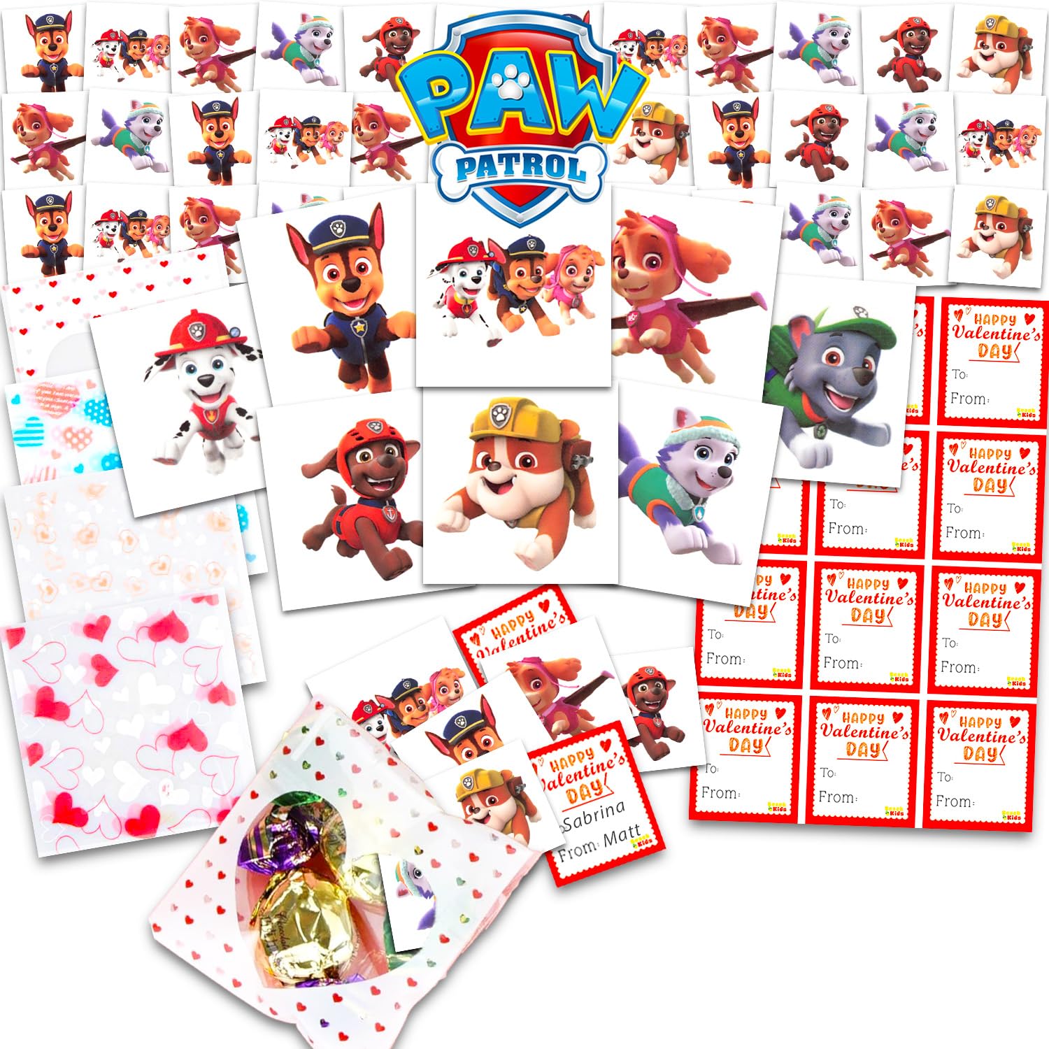 Paw Patrol valentines tattoos set featuring Chase, Marshall, Skye for classroom handouts