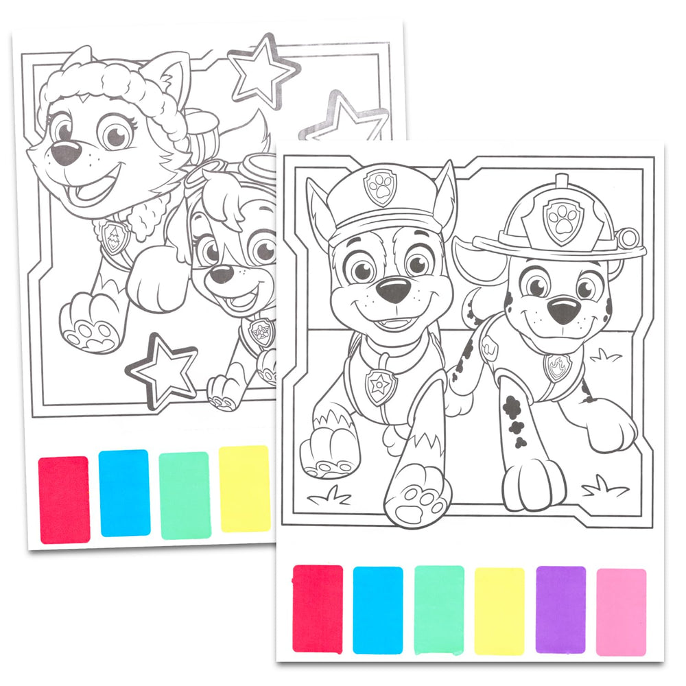 Paw Patrol watercolor book pages showcase vibrant paints for quick, mess-free practice