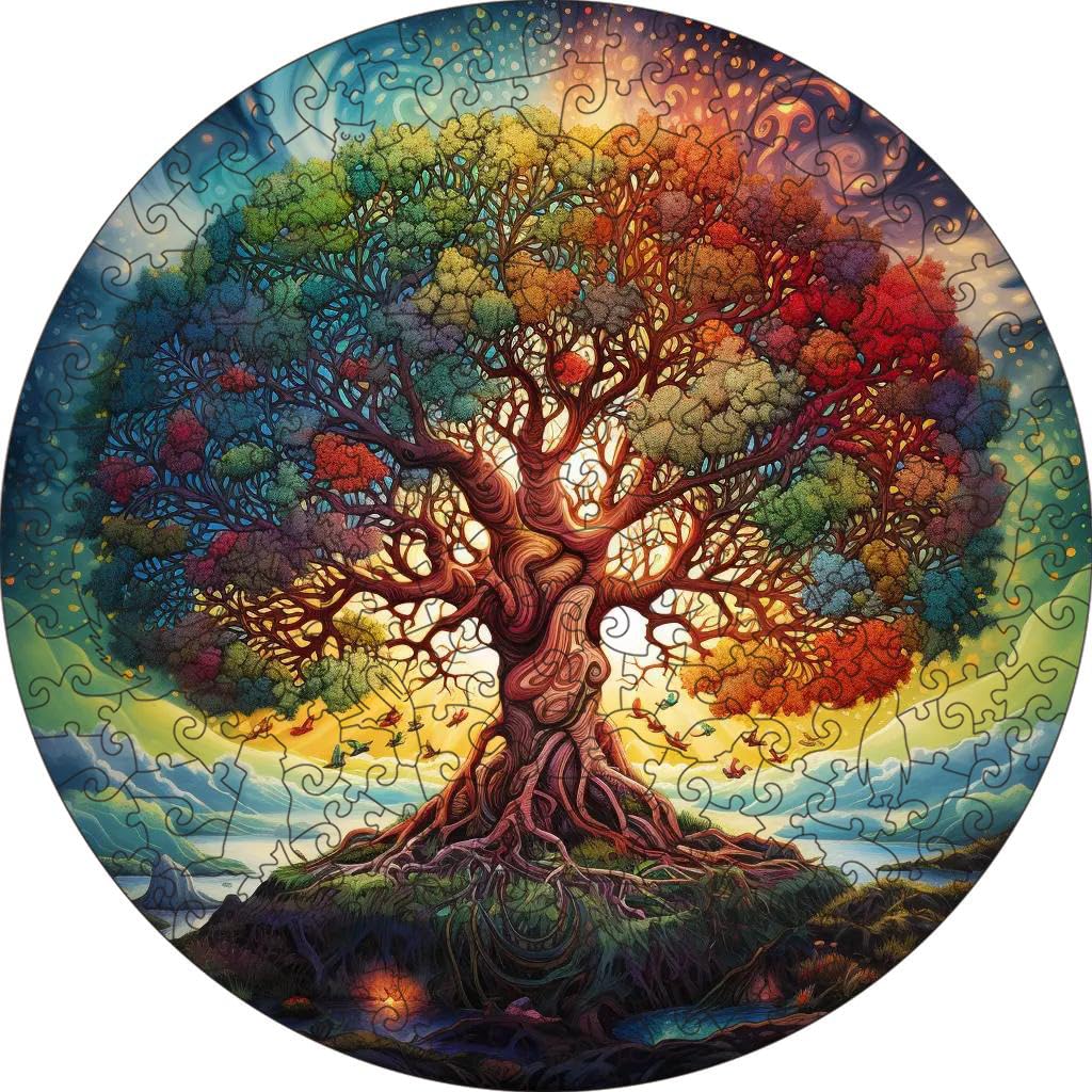 PAYJIK Tree of Life puzzle cover with colorful animal shapes for mindful downtime