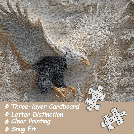Pazzocenter Bald eagle over a serene winter forest stimulates mindful puzzle time.