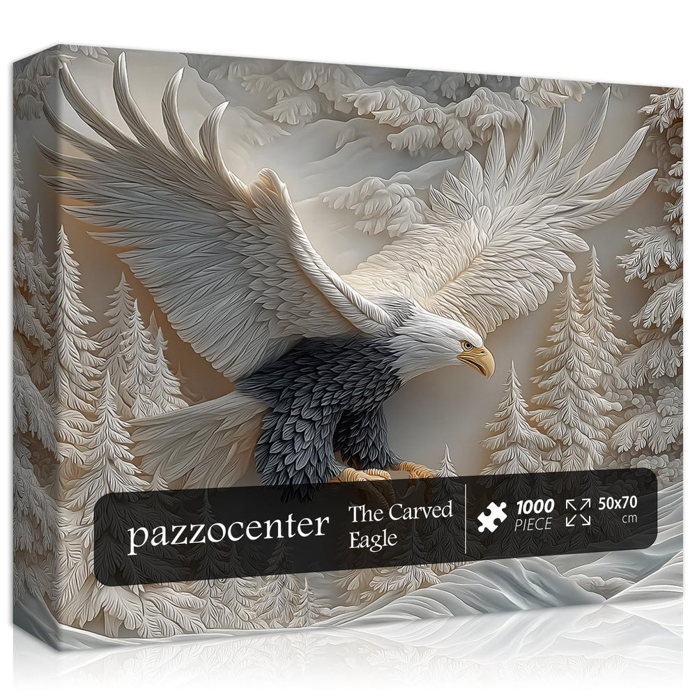 Pazzocenter The Carved Eagle puzzle features a 1000-piece bald eagle over a winter forest.