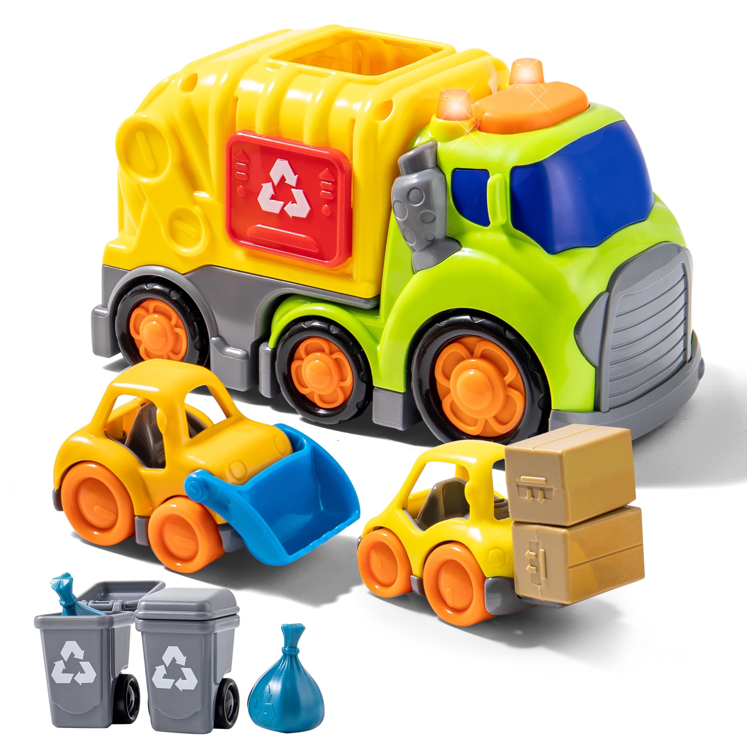 P&C toddler garbage truck toy front view for pretend play and sensory learning.