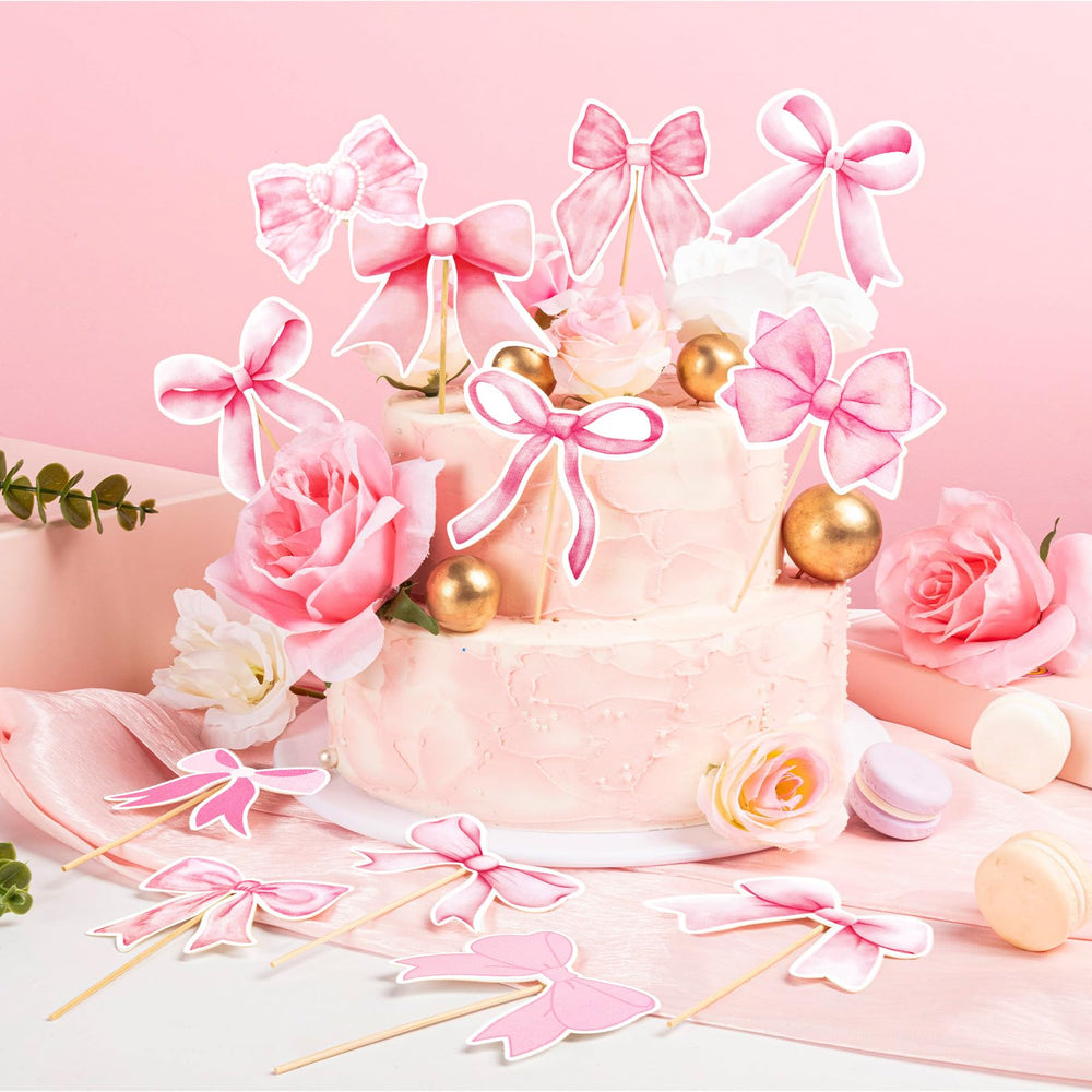 PCTCSHQ pink bow cupcake toppers are non-edible decorative accents for party styling