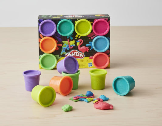 PD Play-Doh neon colors open can close-up showing texture and scent.