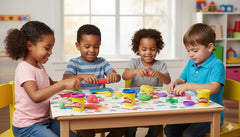 PD Play-Doh neon colors on table with finished sculptures.