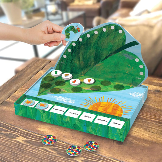 3-D leaf board on Peaceable Kingdom game showing caterpillar movement and artwork.