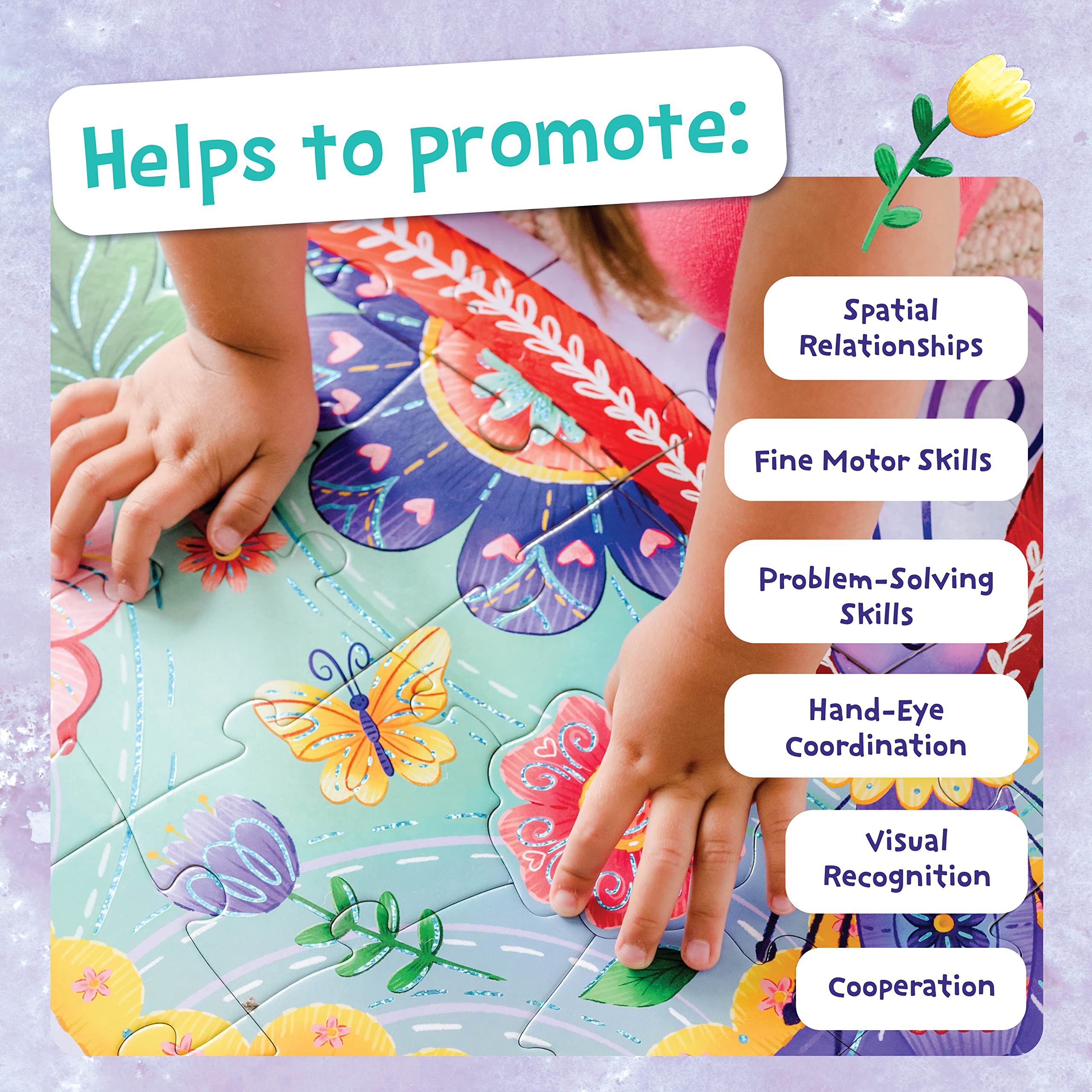 Peaceable Kingdom butterfly floor puzzle in classroom with corded handle for transport.