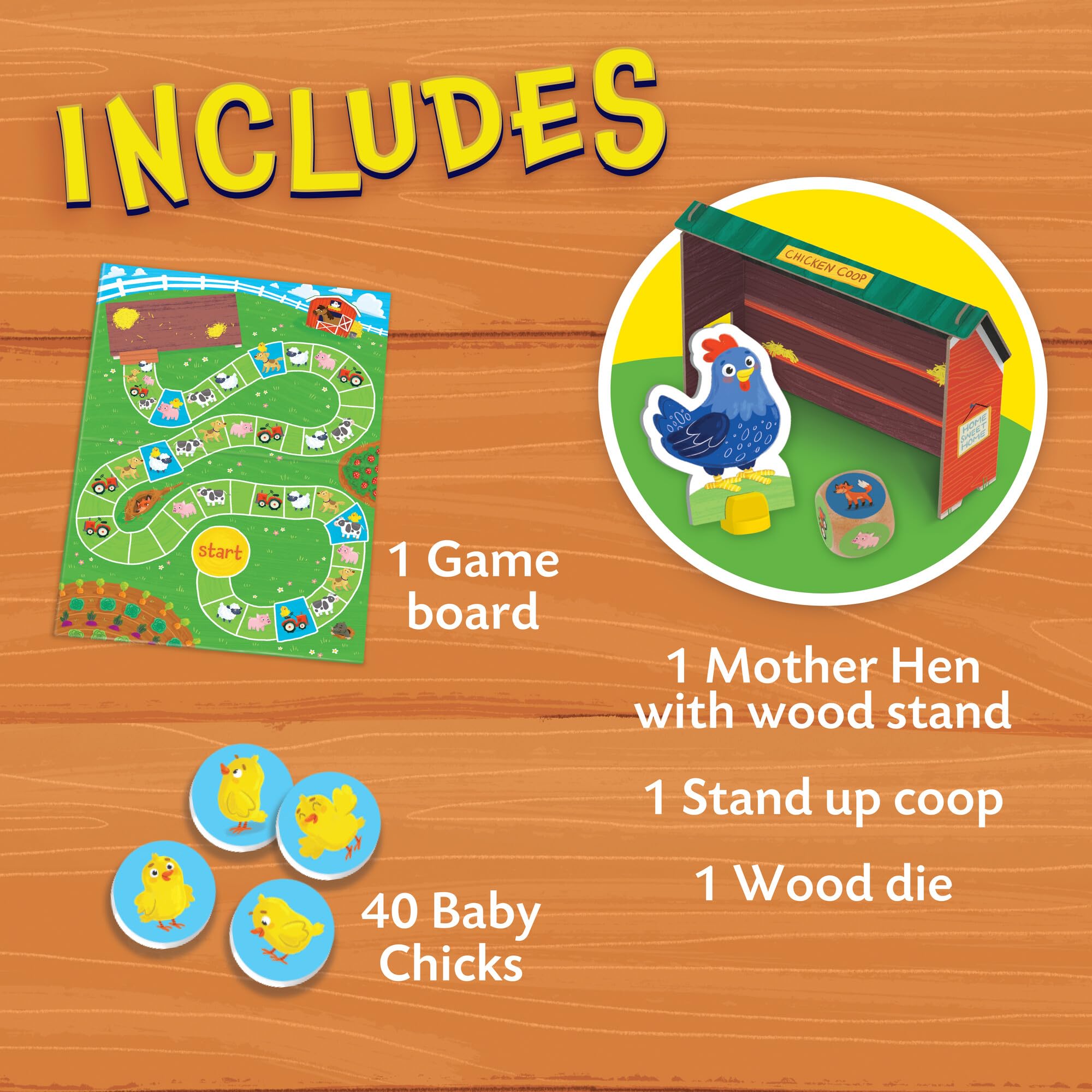 Peaceable Kingdom Count Your Chickens wooden chicks pieces support shared counting practice.