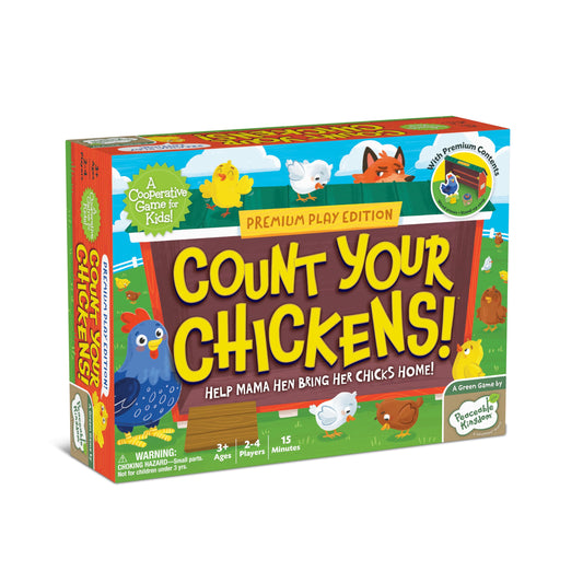 Peaceable Kingdom Count Your Chickens board promoting cooperative counting for kids.