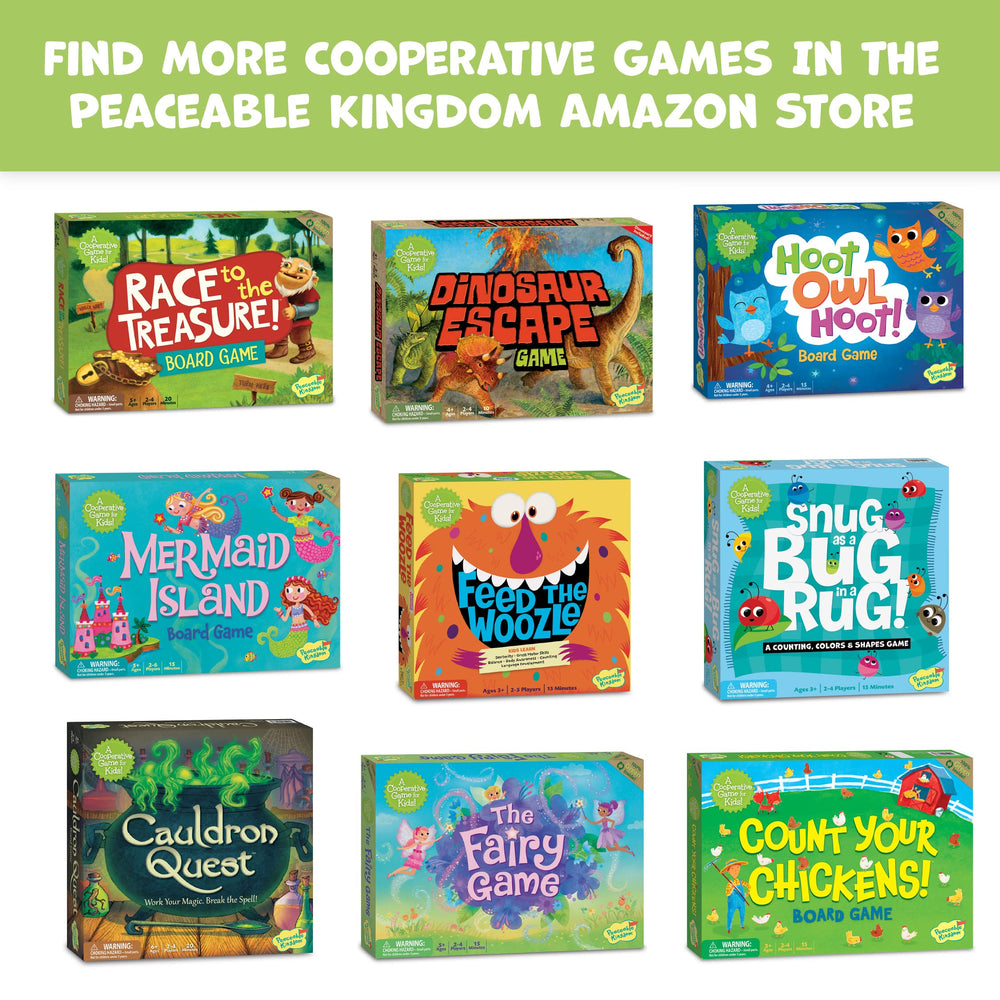 Peaceable Kingdom Feed the Woozle kids-playing scene shows cooperative play among children.
