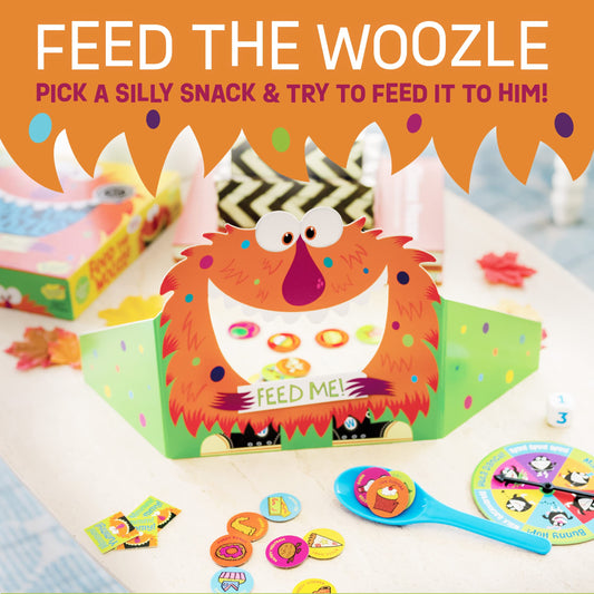 Peaceable Kingdom Feed the Woozle silly-snacks encourage teamwork and problem-solving.