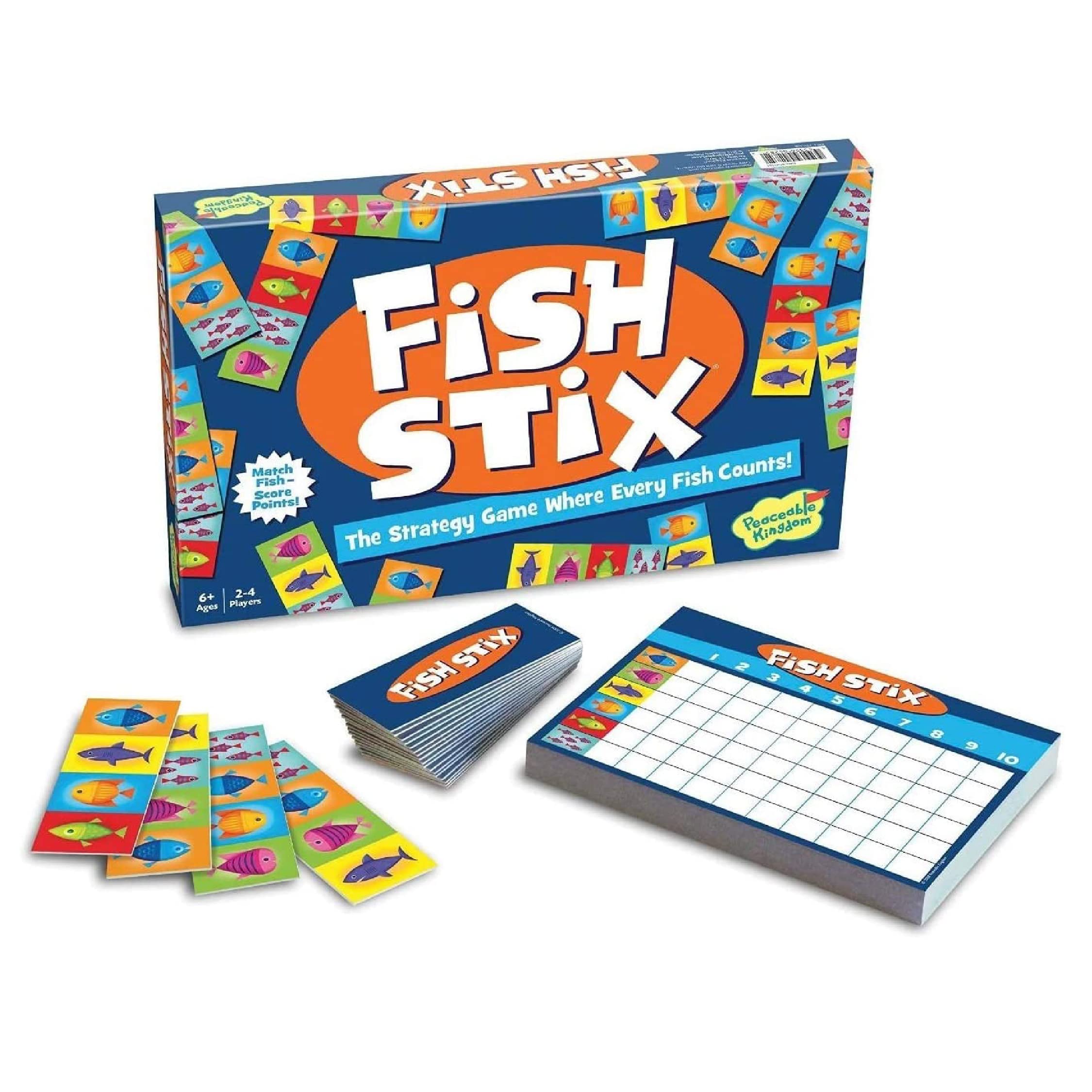 Peaceable Kingdom Fish Stix box front, featuring colorful fish and kid-friendly artwork for quick play