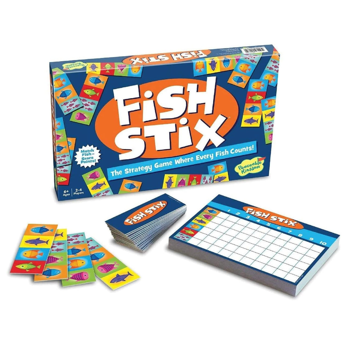 Peaceable Kingdom Fish Stix box front, featuring colorful fish and kid-friendly artwork for quick play