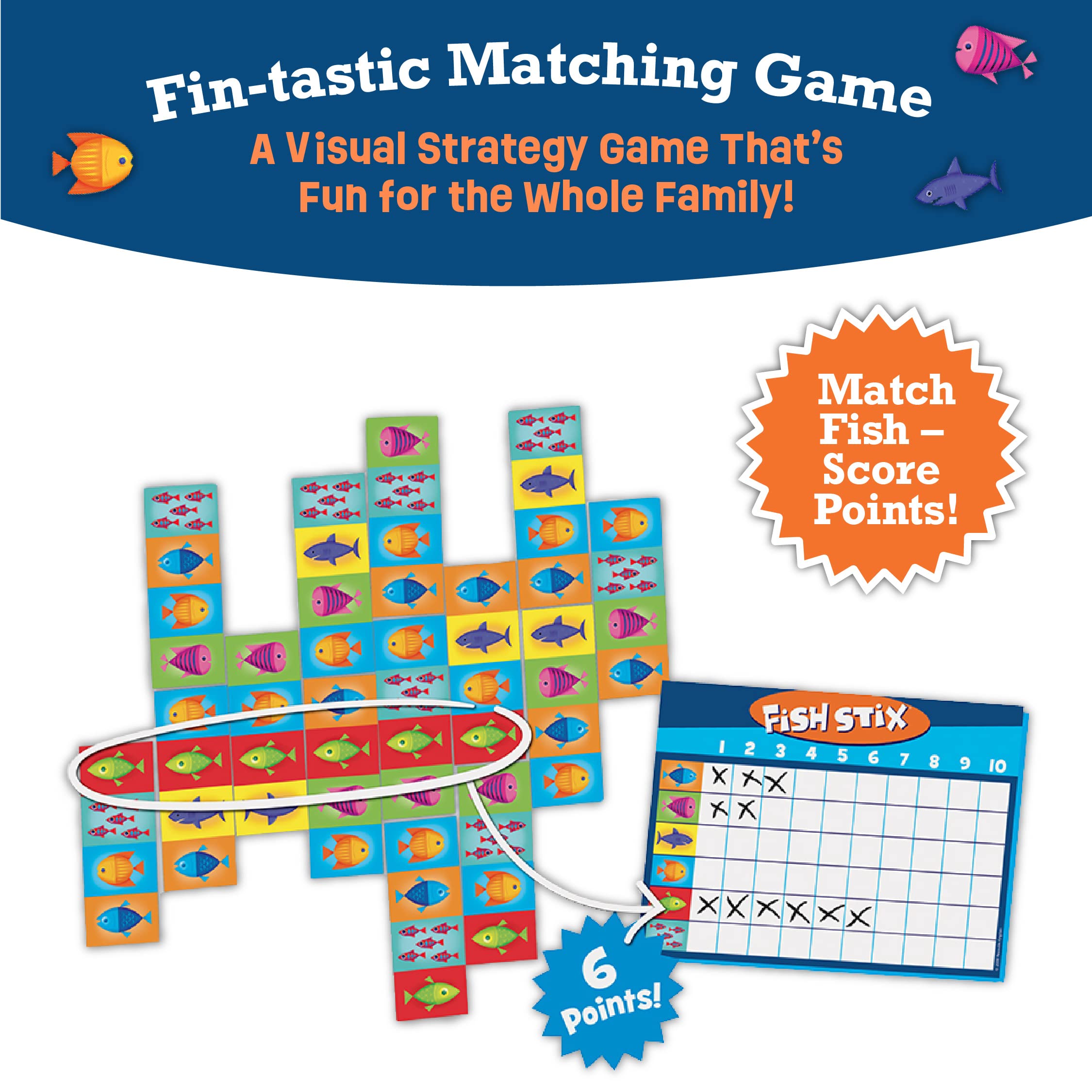 Peaceable Kingdom Fish Stix fish pieces laid out for matching and counting fun