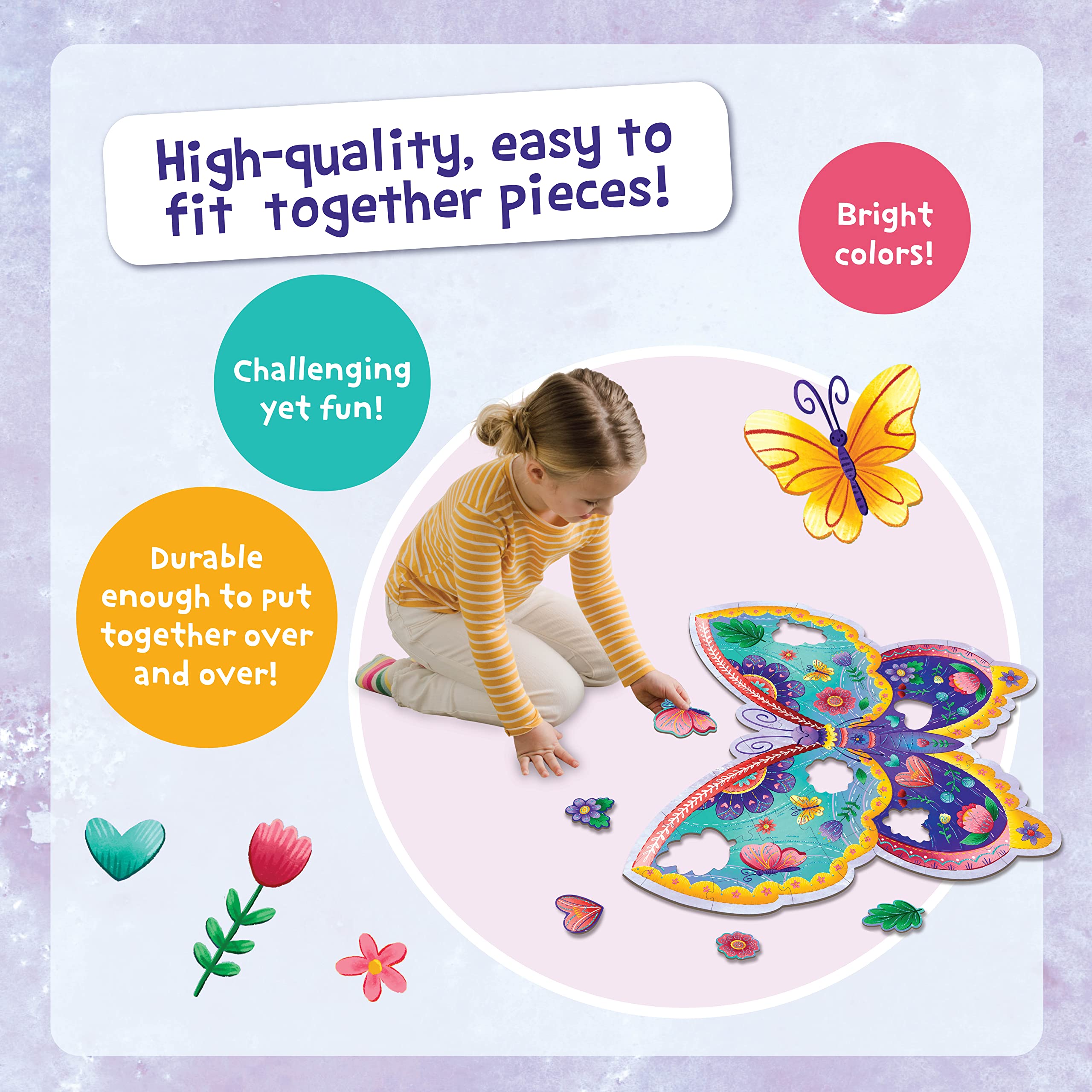 Peaceable Kingdom butterfly puzzle with foil accents promotes fine motor development.