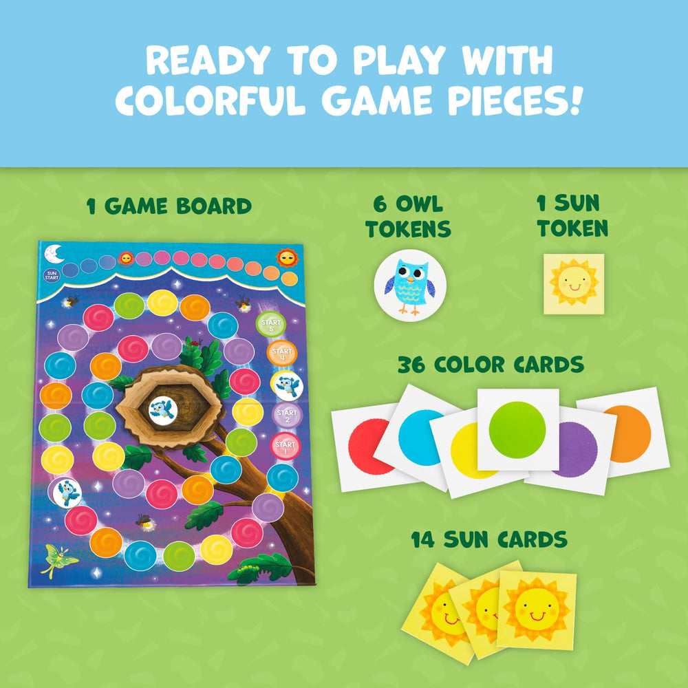 Peaceable Kingdom Hoot Owl Hoot game components laid out for kids