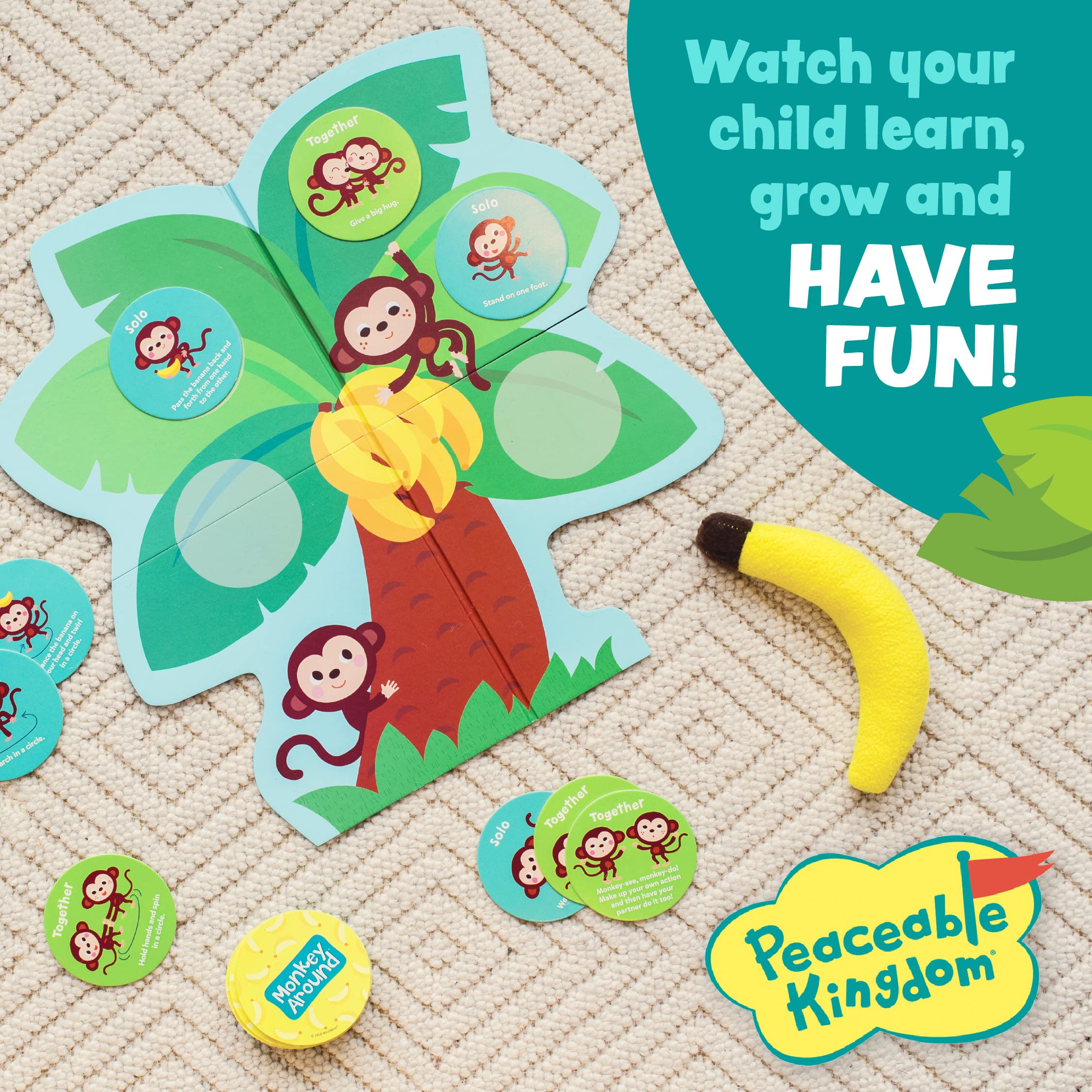Peaceable Kingdom Monkey Around balancing activity demonstrates cooperative physical play.