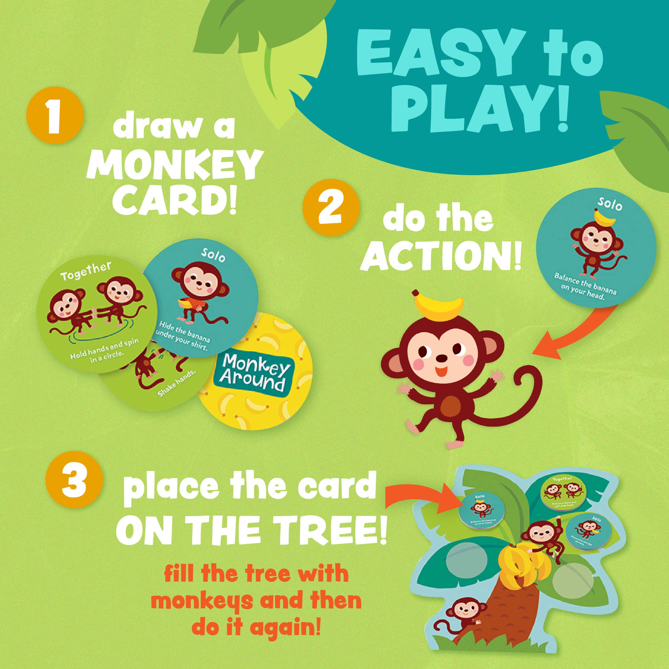 Peaceable Kingdom Monkey Around cards showcase prompts that guide gentle movements during playtime.