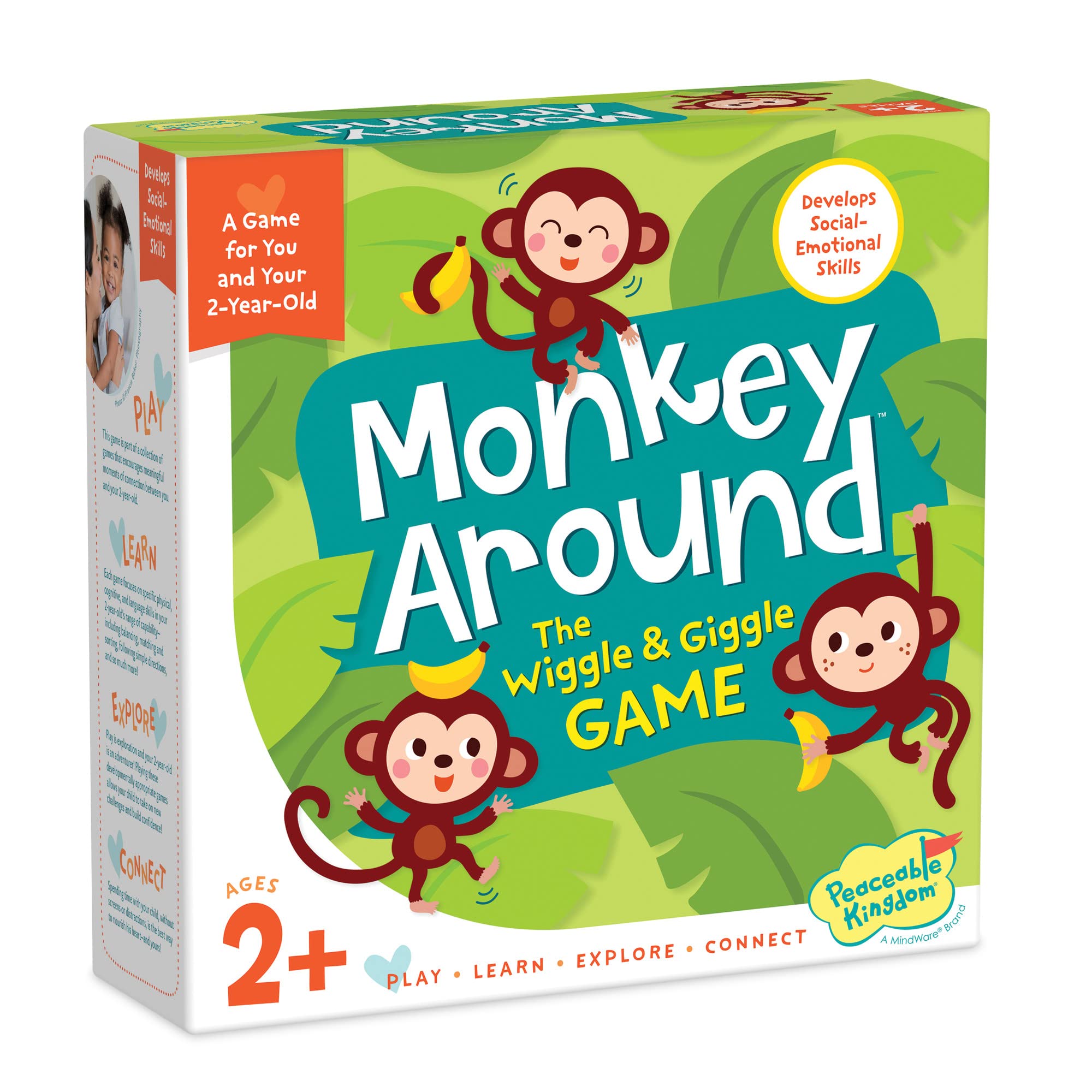Peaceable Kingdom Monkey Around game box invites parent-child bonding through movement-rich play for toddlers.