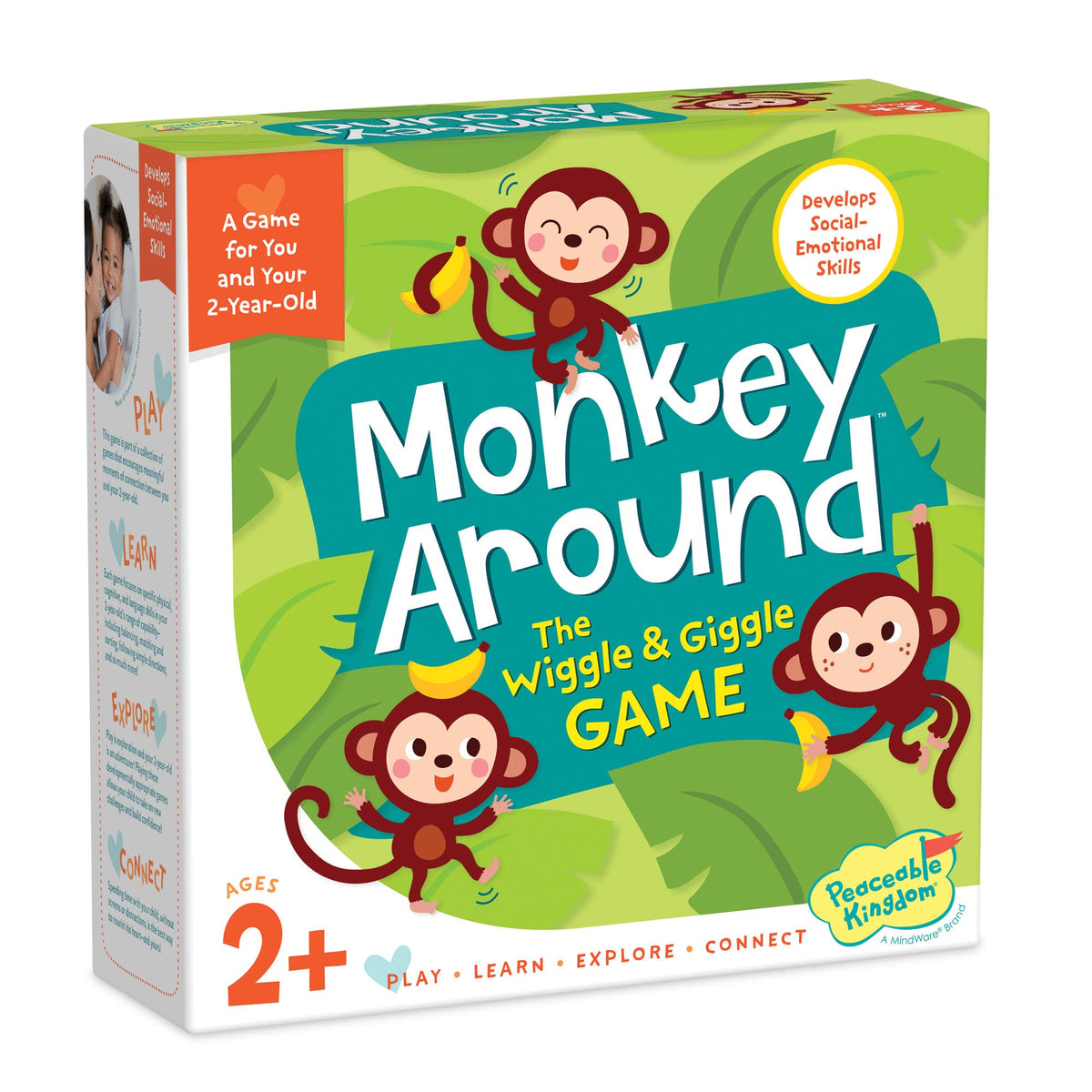 Peaceable Kingdom Monkey Around game box invites parent-child bonding through movement-rich play for toddlers.