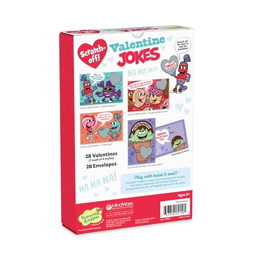 Peaceable Kingdom scratch-off valentines close-up shows scratch area and punchlines.