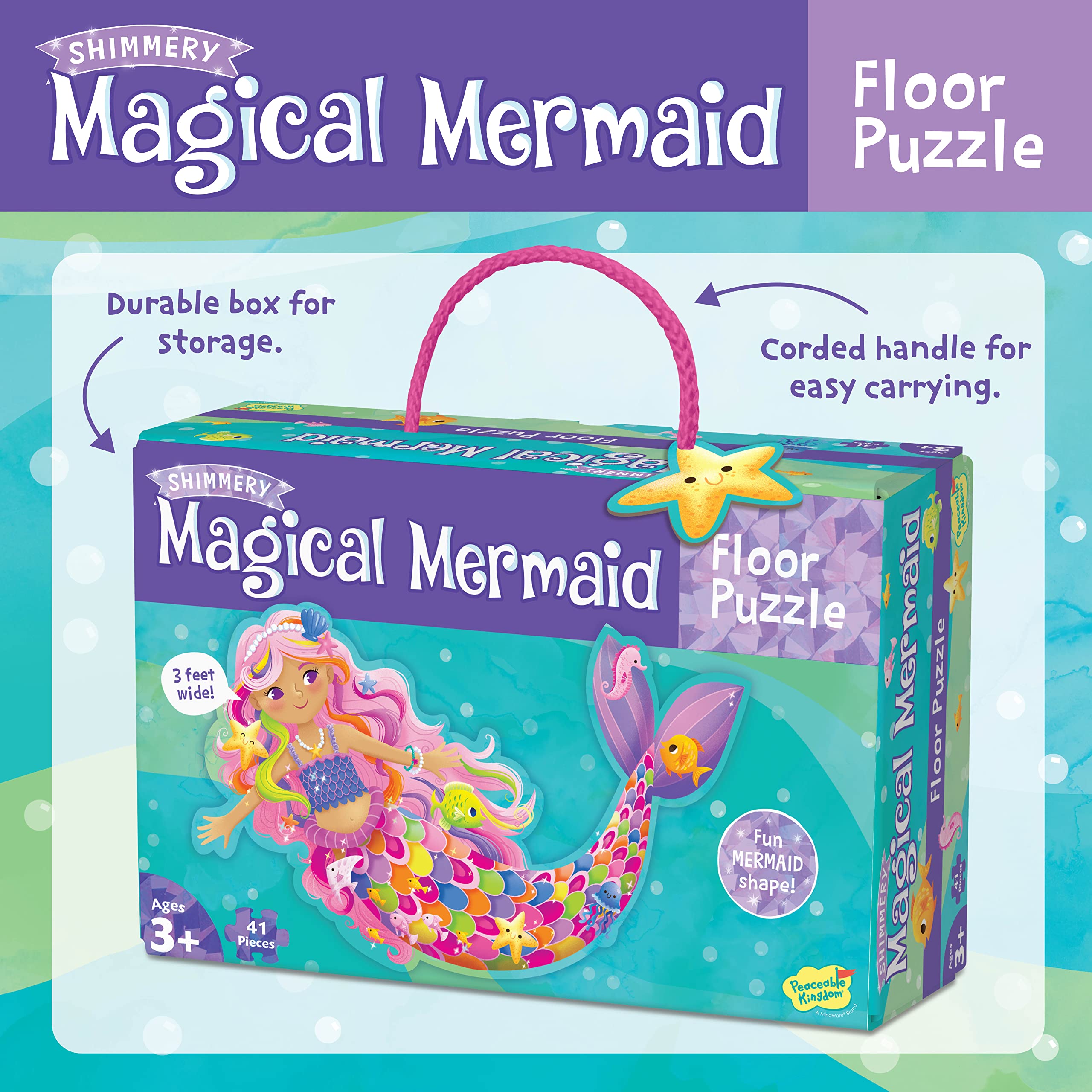 Peaceable Kingdom Shimmery Mermaid Floor Puzzle measures large for group activities.