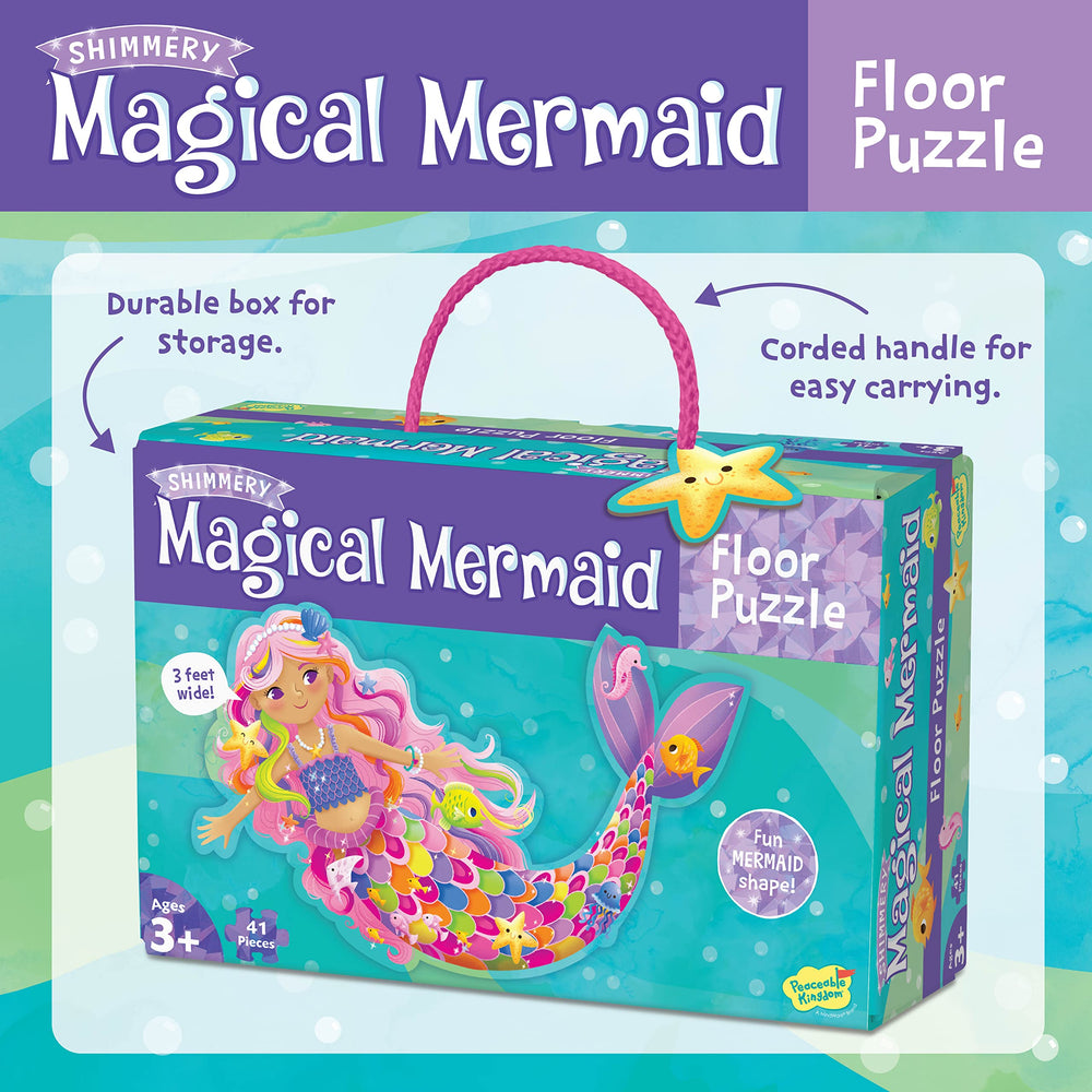 Peaceable Kingdom Shimmery Mermaid Floor Puzzle measures large for group activities.
