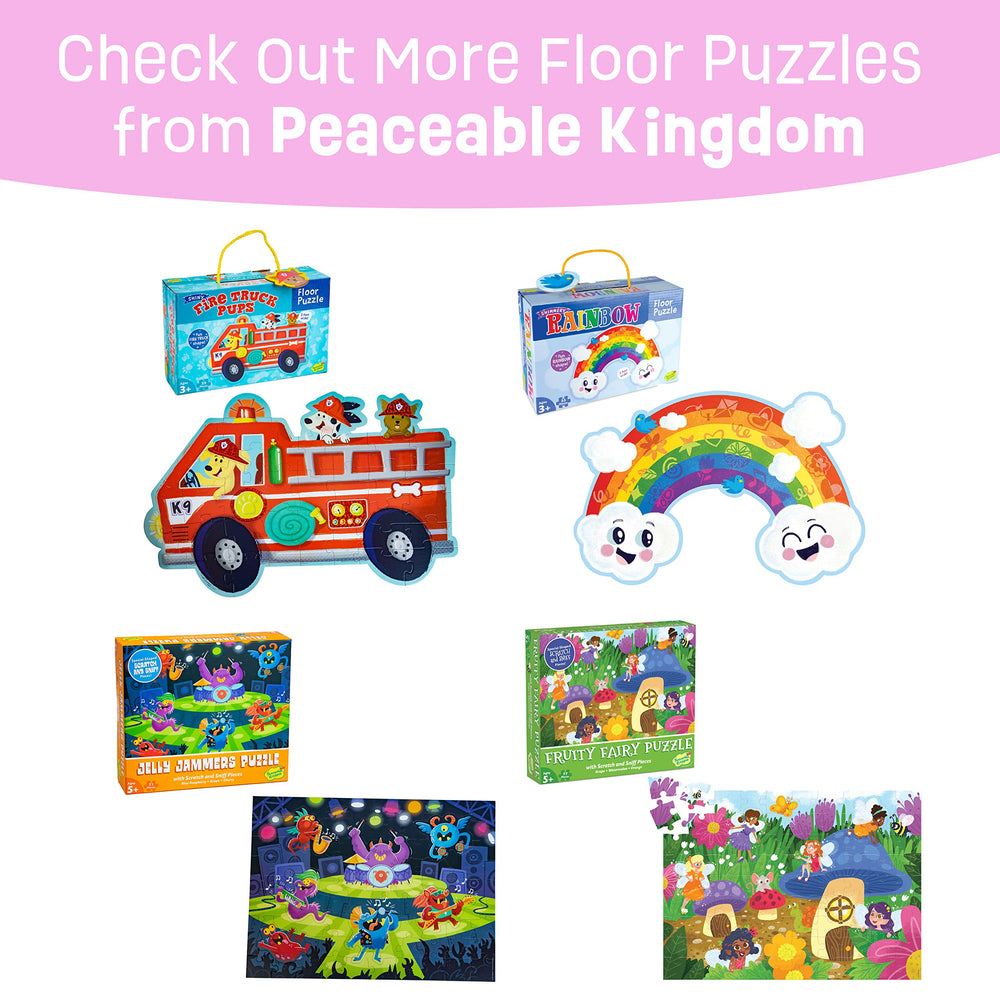 Peaceable Kingdom Shimmery Mermaid Floor Puzzle features a corded handle for easy transport.