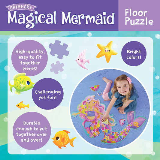 Peaceable Kingdom Shimmery Mermaid Floor Puzzle shows sea creatures for imaginative play.
