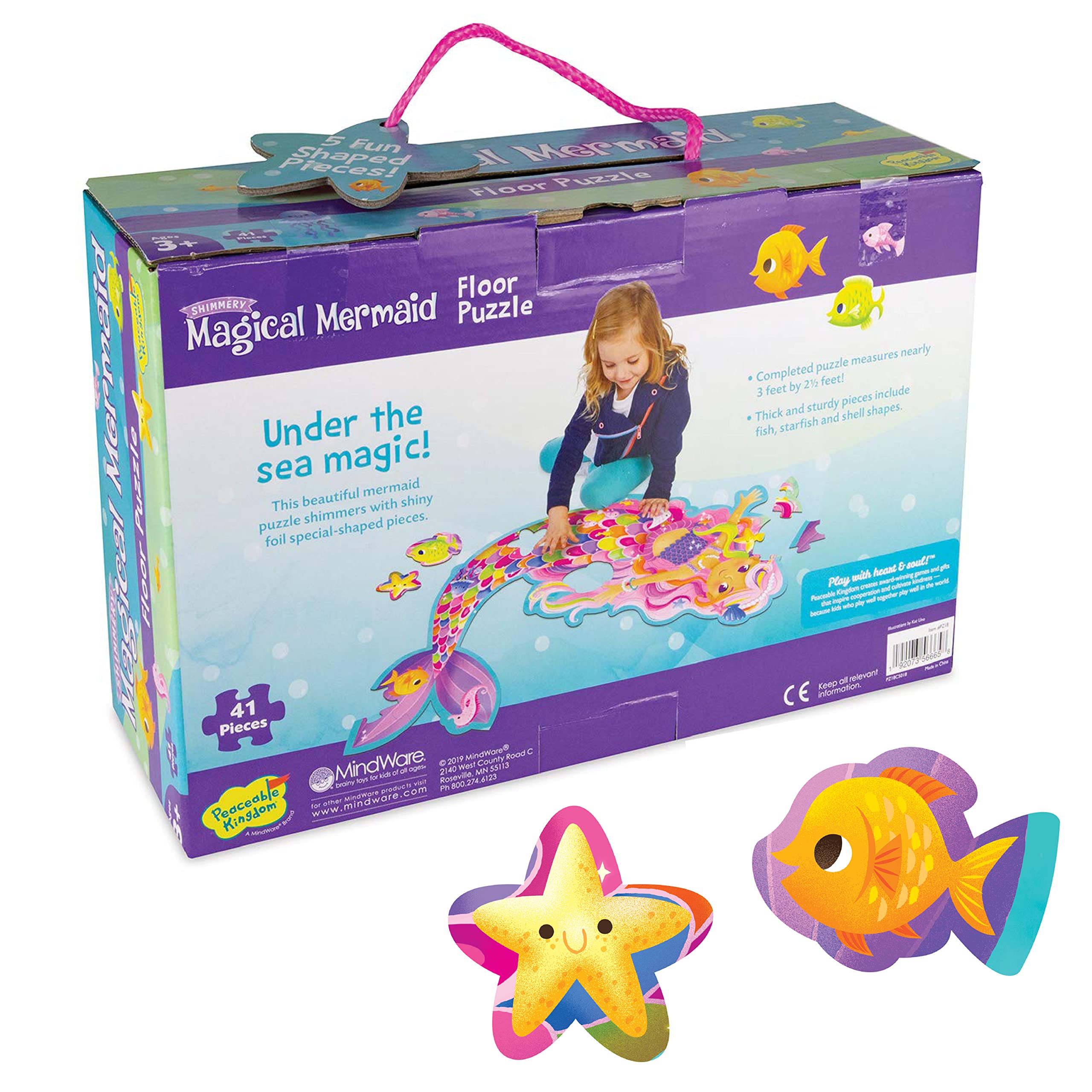Peaceable Kingdom Shimmery Mermaid Floor Puzzle with 41 pieces for fine motor practice.