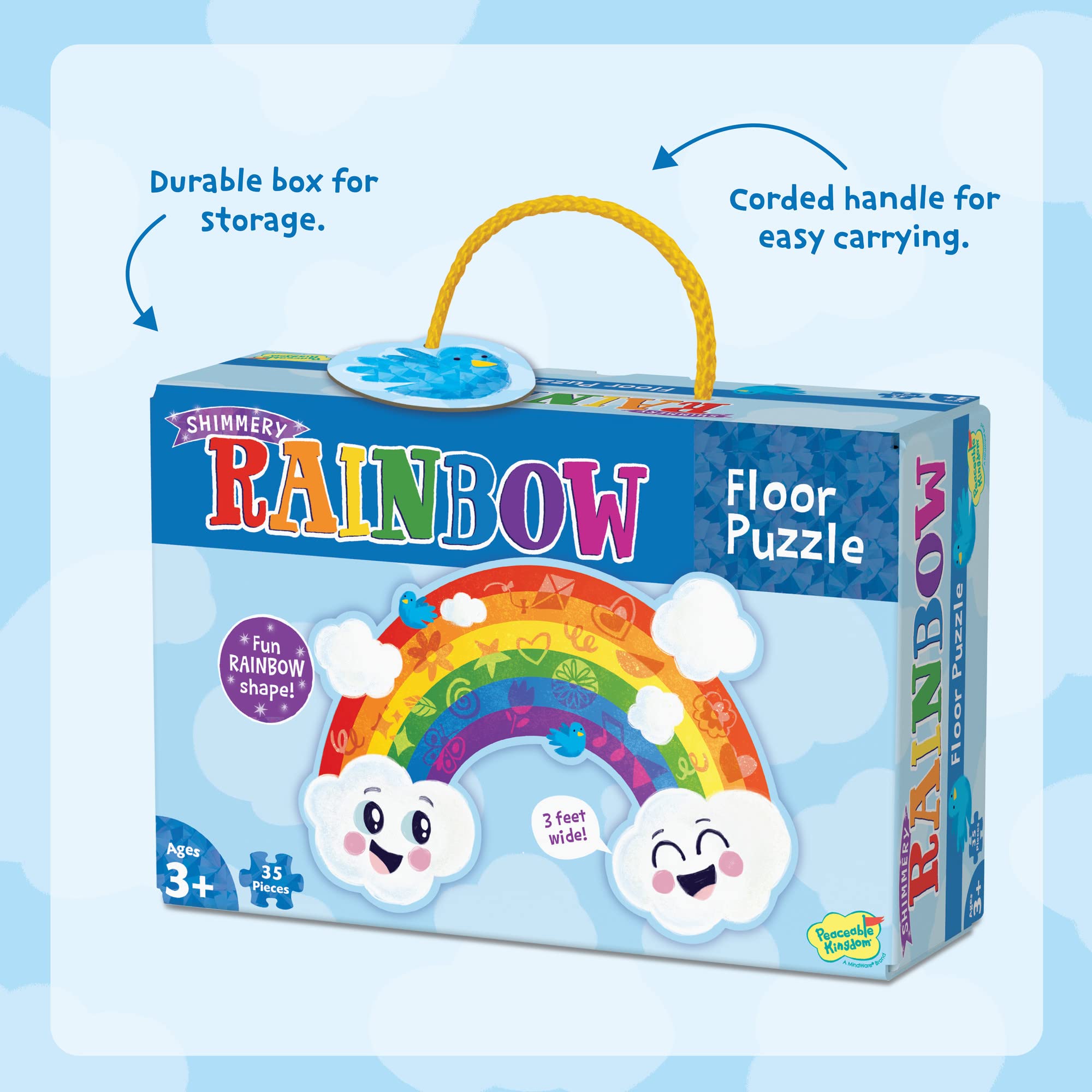Bird shaped piece from Peaceable Kingdom Shimmery Rainbow Puzzle promotes visual exploration.