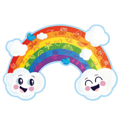 Puzzle pieces on the floor from Peaceable Kingdom Rainbow Puzzle for collaborative play.