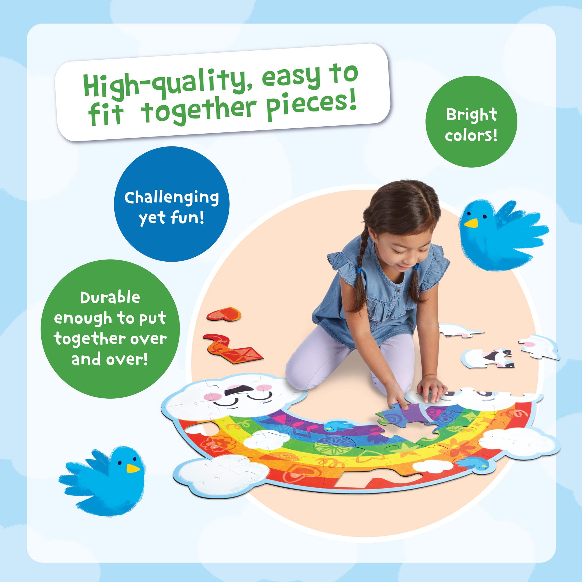 Thick pieces from Peaceable Kingdom Shimmery Rainbow Puzzle support small hands during assembly.