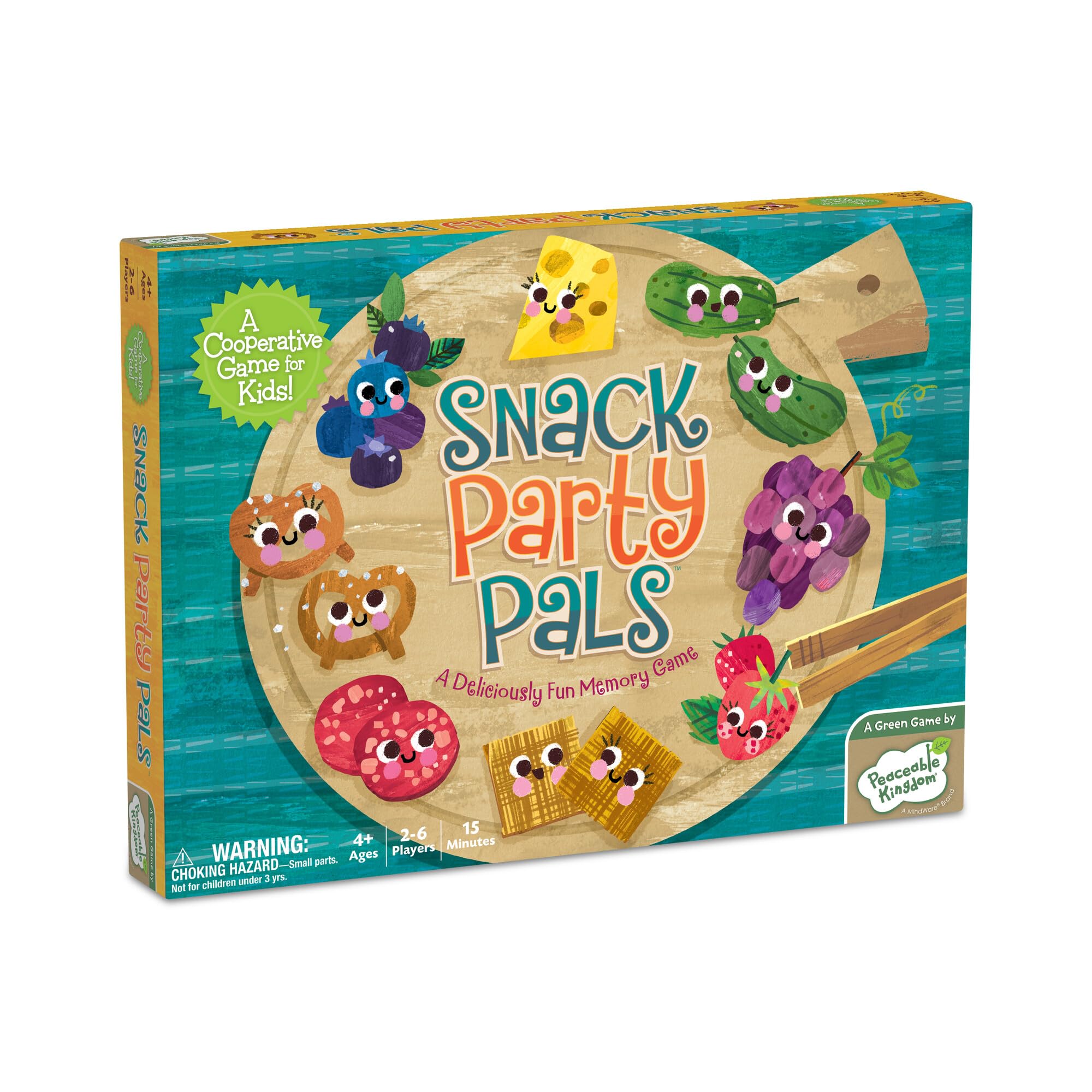 Peaceable Kingdom Snack Party Pals game board shown in vibrant colors for cooperative play and memory practice.