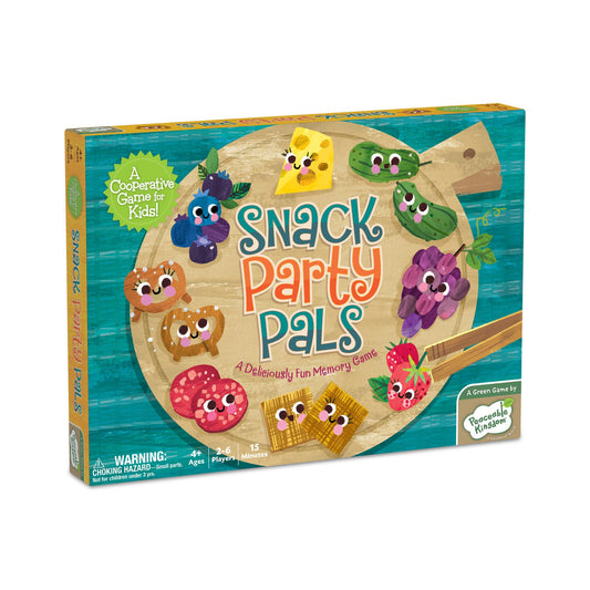 Peaceable Kingdom Snack Party Pals game board shown in vibrant colors for cooperative play and memory practice.
