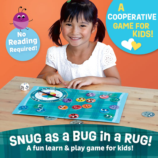 Peaceable Kingdom Snug as a Bug in a Rug components and cards encourage sharing and turn-taking.