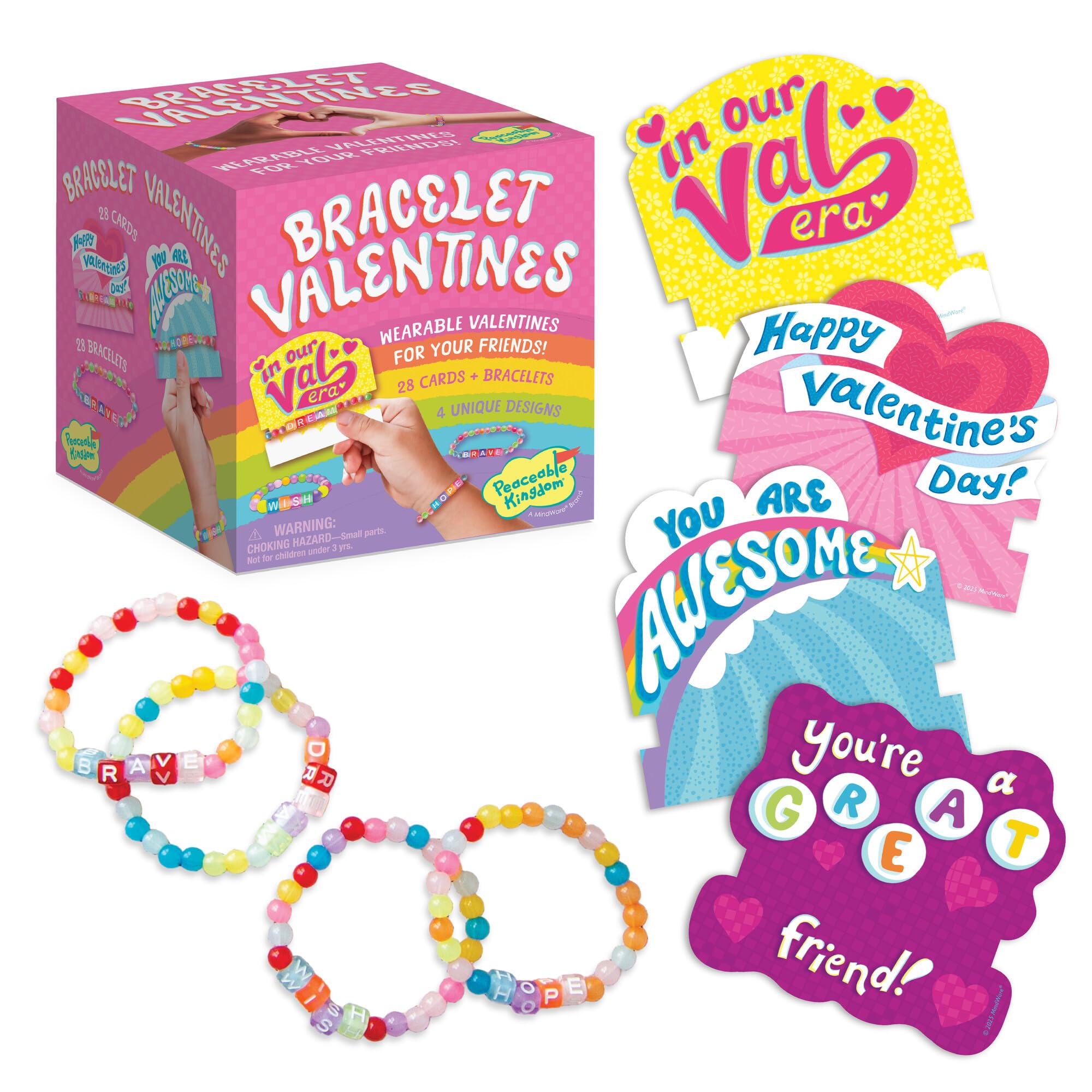 Peaceable Kingdom valentines box with 28 bracelets for classroom exchanges.