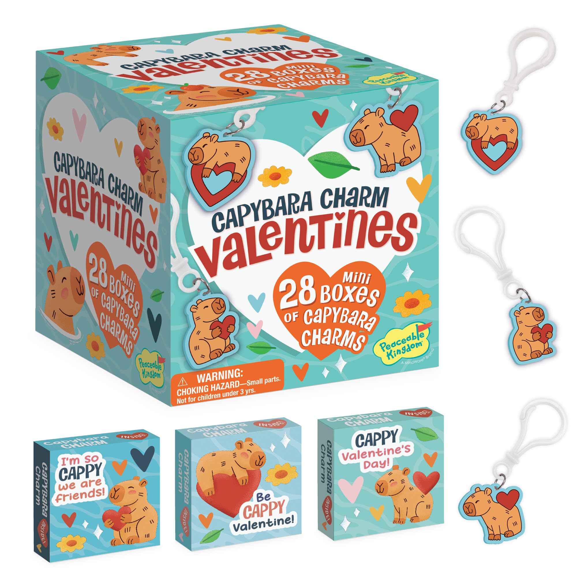 Peaceable Kingdom Valentines Box 28-pack with capybara charms for classroom exchanges.