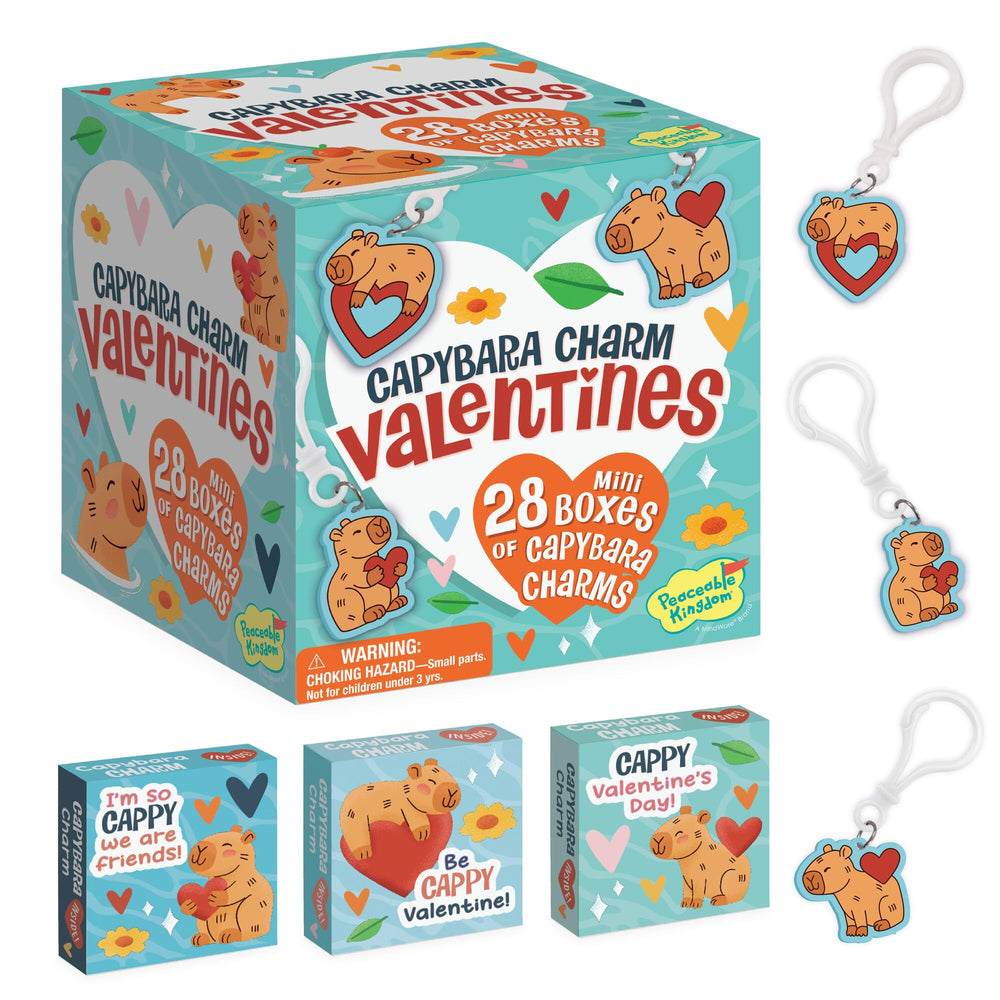 Peaceable Kingdom Valentines Box 28-pack with capybara charms for classroom exchanges.