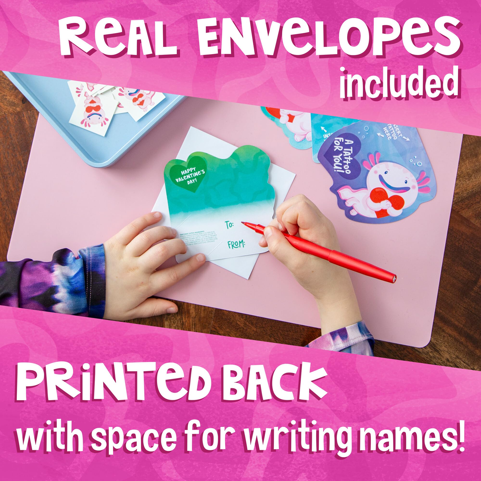 Peaceable Kingdom axolotl designs on cards delight kids at school.