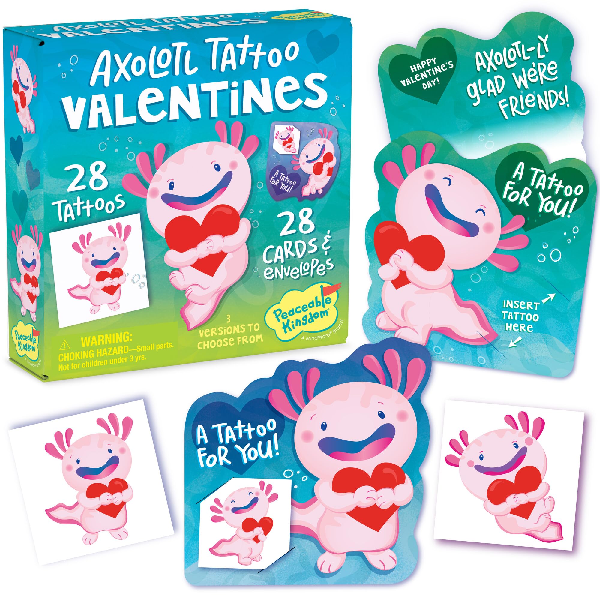 Peaceable Kingdom axolotl tattoos on valentines enhance classroom gifting.