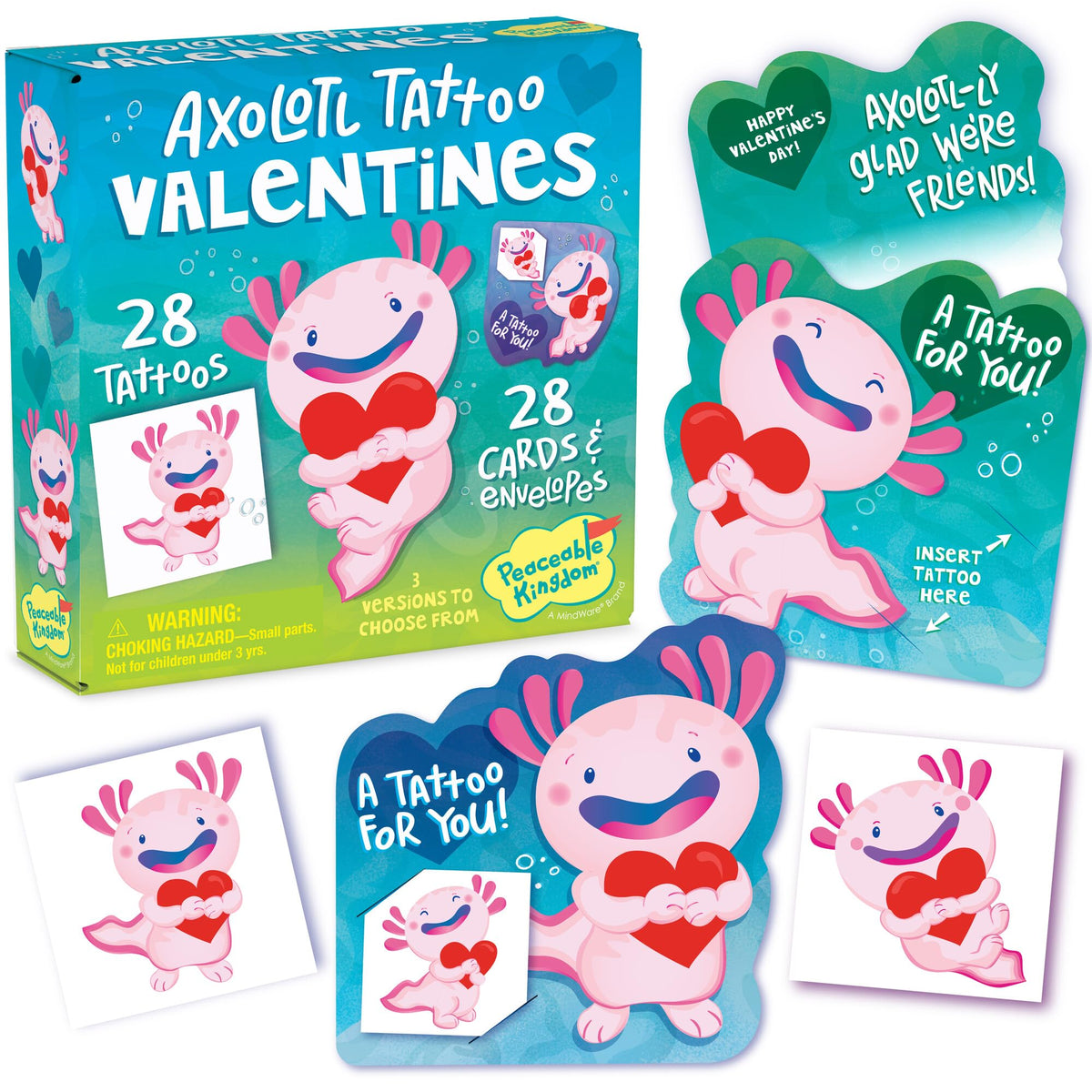 Peaceable Kingdom axolotl tattoos on valentines enhance classroom gifting.