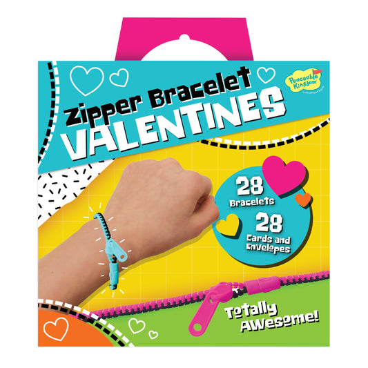 Peaceable Kingdom valentines card zipper-bracelets display promotes friendship through playful classroom exchanges.