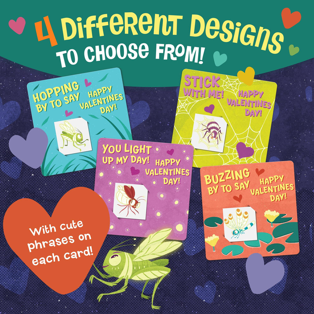 Peaceable Kingdom four-bug valentines designs with envelopes ready for classroom exchanges.