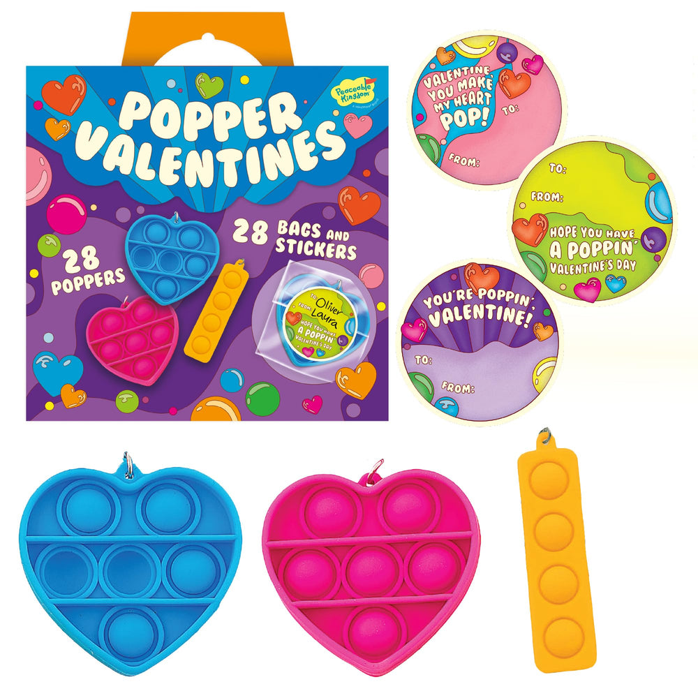 Peaceable Kingdom Valentines heart popper card design for classroom gift, promotes playful focus.