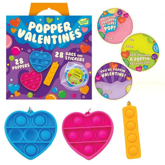 Peaceable Kingdom Valentines heart popper card design for classroom gift, promotes playful focus.