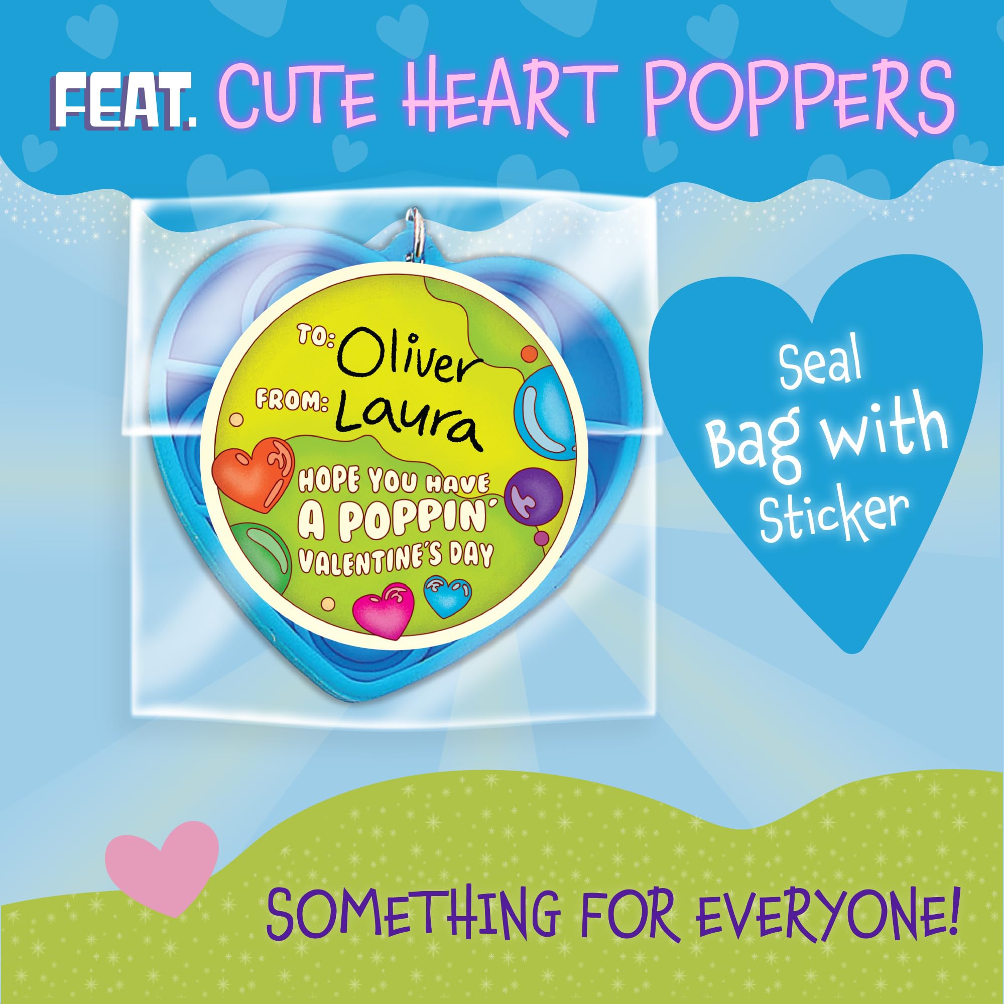 Peaceable Kingdom Valentines heart popper card with three designs for classroom sharing.