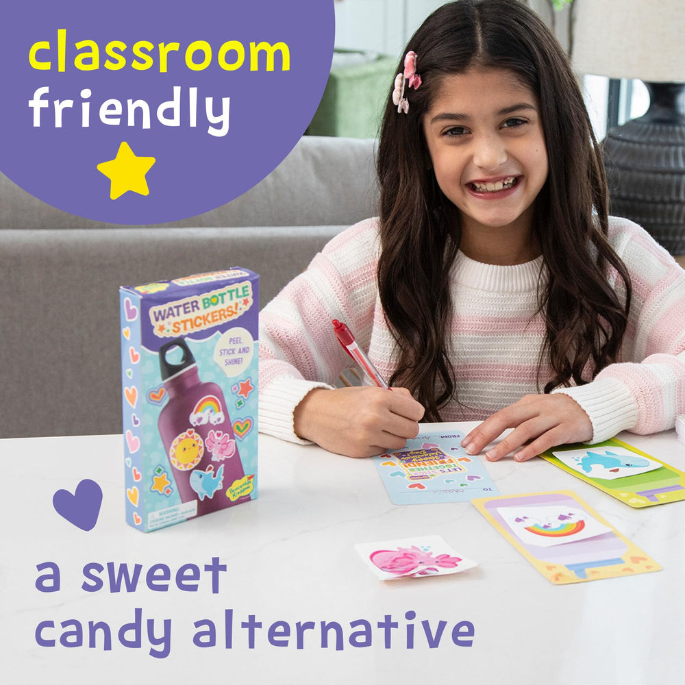 Peaceable Kingdom shark stickers withstand daily use on bottles and notebooks.
