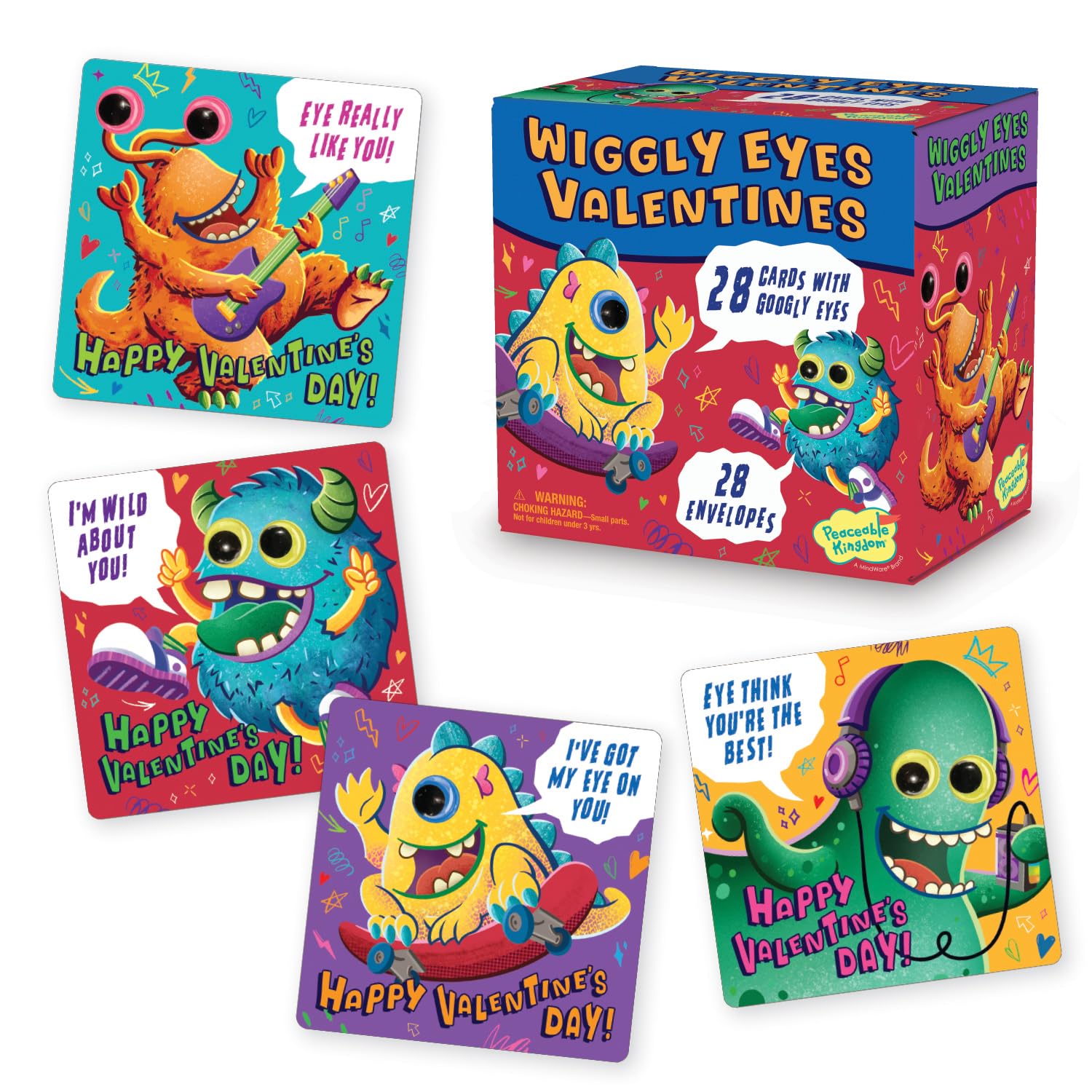 Peaceable Kingdom monster valentines with wiggle eyes spark lively classroom exchanges and personal notes.