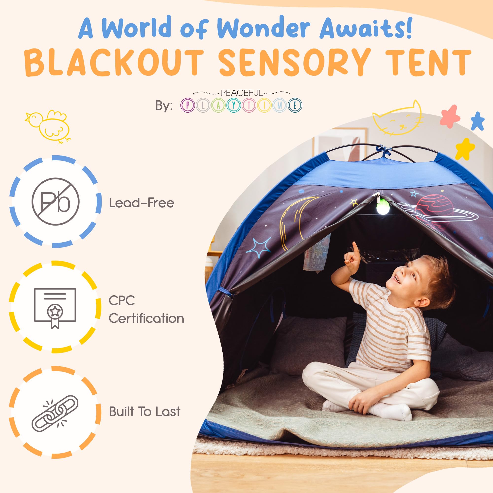 Peaceful Playtime blackout tent clear phone pocket for quick device access.